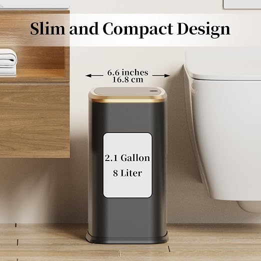 2.1 Gallon Bathroom Trash Can with Lid Press Top, 8 Liter Stainless Steel Garbage Can with Press Type Lid, Slim Trash Bin Waste Basket for Toilet, Office, Bedroom, Living Room (Black) - Image 4