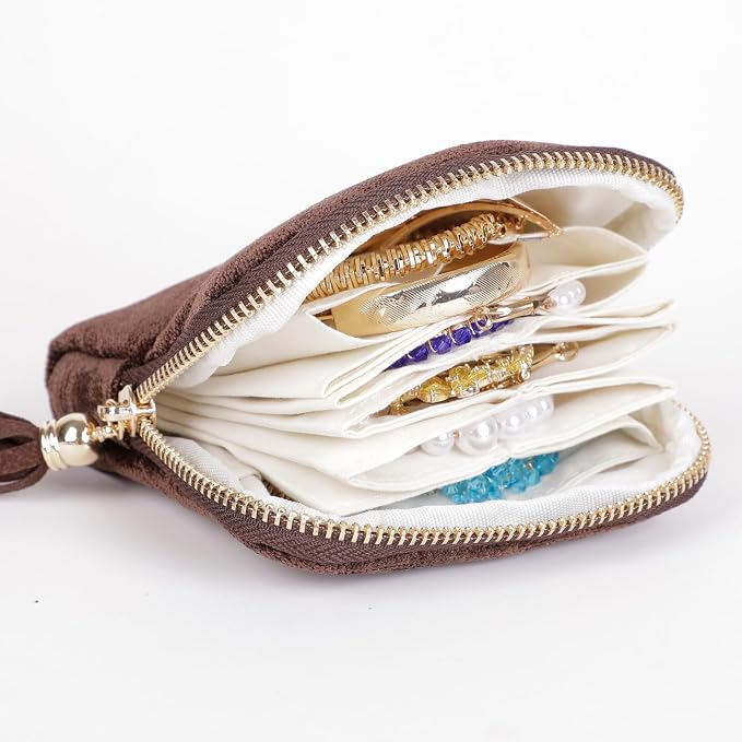 ASINGYER Travel Jewelry Storage Bag for Women, Velvet Portable Jewelry Organizer with Tassel Zipper, Small Pouches for Bracelets Necklaces Rings Earrings, Wedding Gift for Women (coffee brown) - Image 2