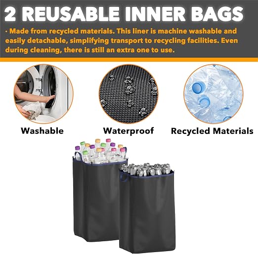 SpaceAid Recycling Bin for Kitchen 26 Gallon, 100L Recycle Bin with Lid and 2 Reusable Inner Bags, for Bottle Can Glass Plastic Stickers, Blue - Image 3