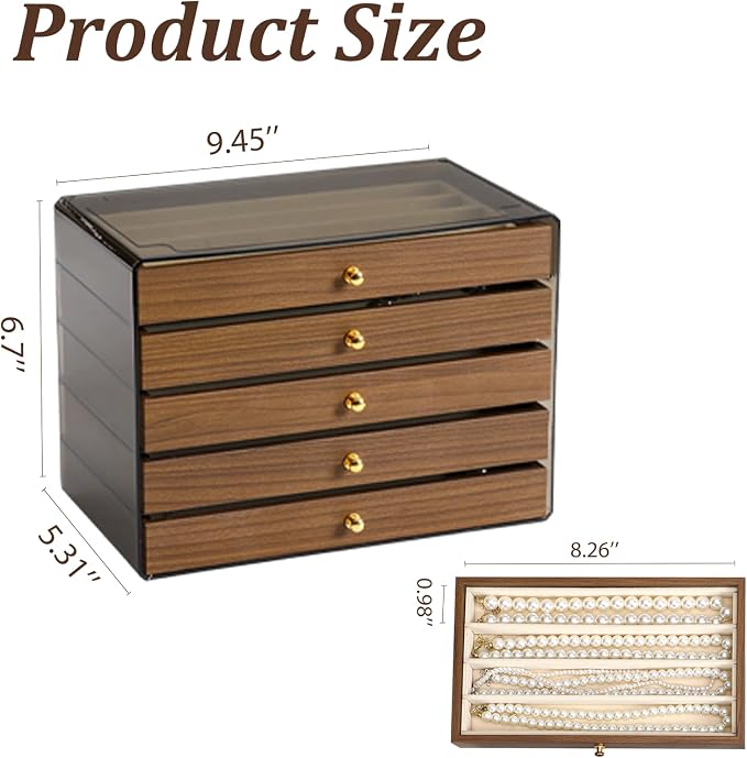CLUQMEIK 5 Layer Necklace Jewelry Box, Vintage Wooden Jewelry Box with Acrylic Cover Stackable Necklace Storage Organizer for Women and Girls to Storing Necklaces - Image 3