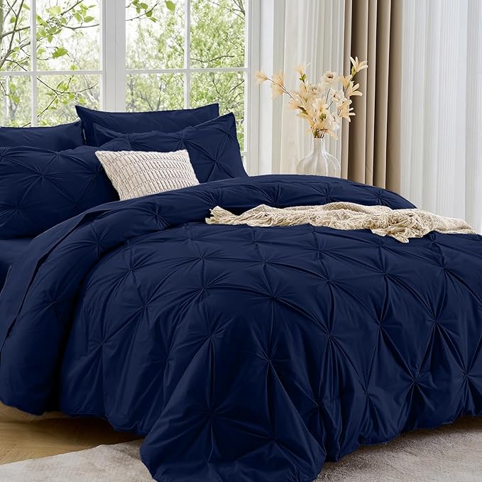 Sasttie Twin XL Comforter Set, 5-Piece Bed in a Bag, Pintuck Bedding Sets for All Season, Includes Comforter, Flat Sheet, Fitted Sheet, Pillowcase and Pillowsham, Navy