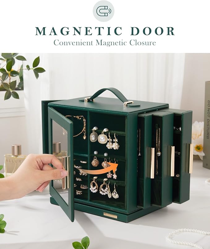 Homde Jewelry Box for Women Large: Rotating Organizer for Ring Earring Necklace Bracelet - 7 Drawers Storage for Dresser (Forest Green) - Image 7