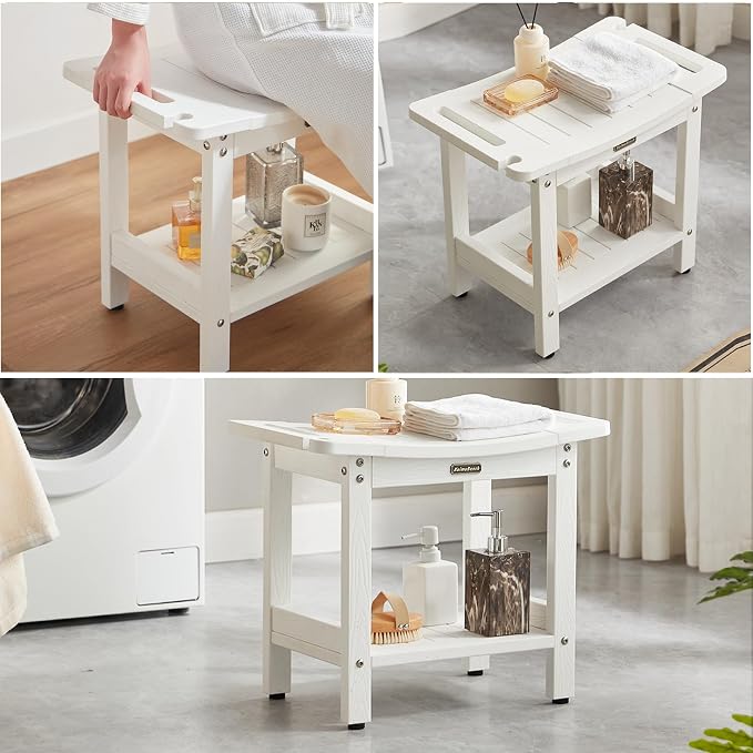 Waterproof Shower Bench, White Poly Shower Stool for Shaving Legs, Shower Chair Seat with Handles & Shower Head Holder, Plastic Bathroom Bench with Adjustable Feet for Inside Shower, Non-Slip - Image 6