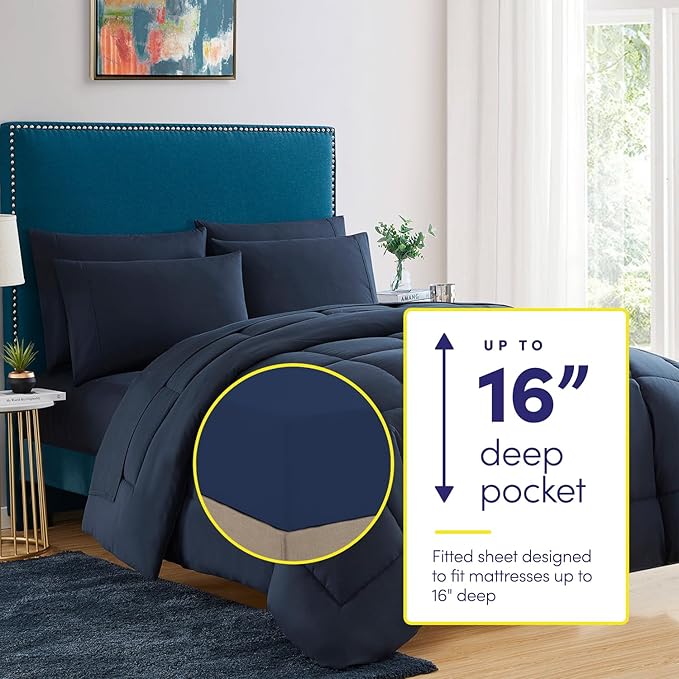 Sweet Home Collection 5 Piece Comforter Set Bag Solid Color All Season Soft Down Alternative Blanket & Luxurious Microfiber Bed Sheets, Navy, Twin (Pack of 4)