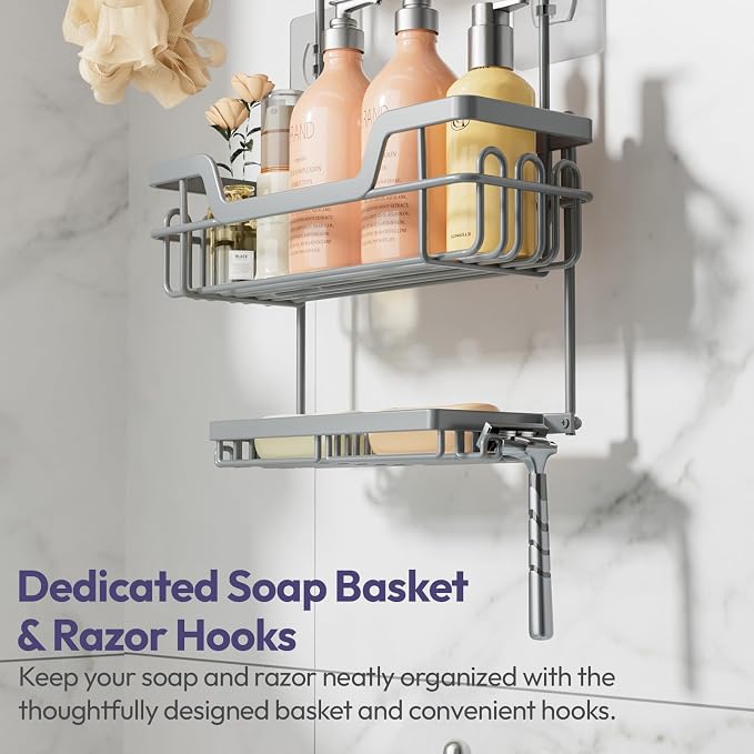 SWTYMIKI Bathroom Shower Caddy Hanging - 3 Tier Rustproof Over Shower Head Organizer, No Drilling Bathroom Shelf with 16 Hooks & Soap Holder, Anti-Swing Rack for Shampoo,Sponge,Towel, Silver, Large - Image 5
