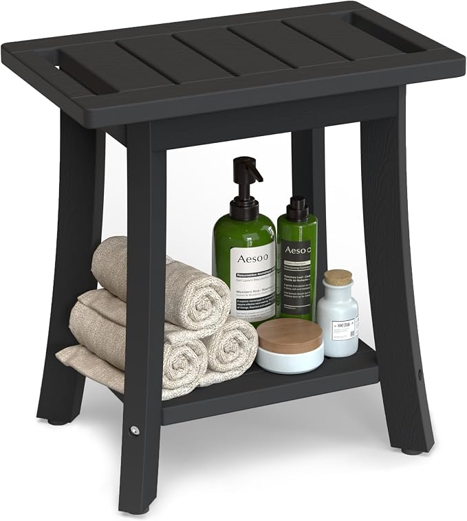HIPS Shower Bench Inside Shower Stool with Storage Shelf, Waterproof Spa Bath Chair for Bathroom, Seat or Organizer for Living Room, Bedroom - Great for All Ages Unisex Elderly (Small, Black) by Unibambou