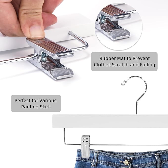 Nature Smile Wooden Pants Hangers Wood Bottom Jeans Skirt Hanger with Clips Anti Rust Hook Pack of 10 (White) - Image 3