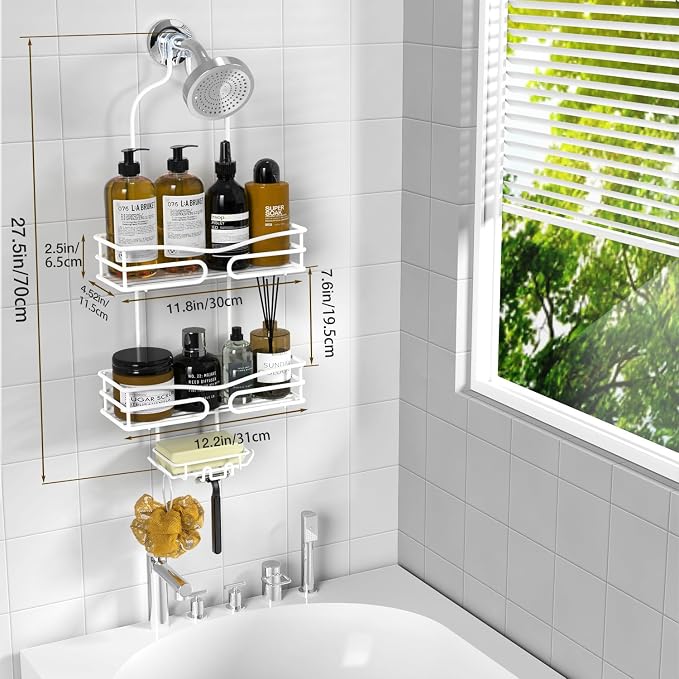 DAOYA Over Head Shower Caddy - Bathroom Shower Organizer with Soap Holder & 6 Hooks for Towels, White, 76L Capacity, Hanging Mount, Rust Resistant - Image 5