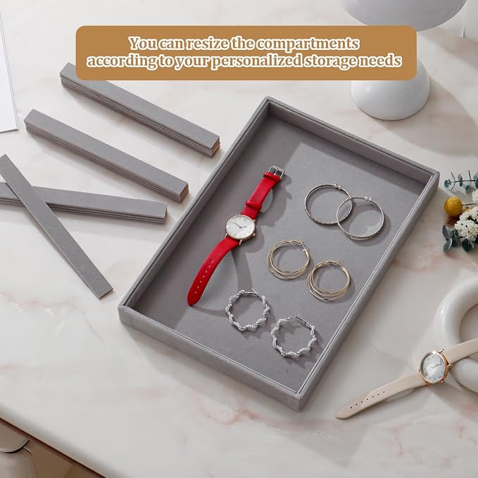 Large Velvet Jewelry Tray 2 Pack Stackable Jewelry Display Drawer Inserts Trays Organizer for Earring Bracelet Necklace Ring (Gray, 16 Grids) - Image 5
