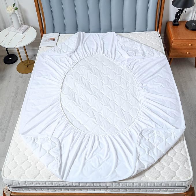 Quilted Waterproof King Size Mattress Protector Pad for Air Mattress Soft Noiseless Fitted Matress Cover with Elastic Pocket White