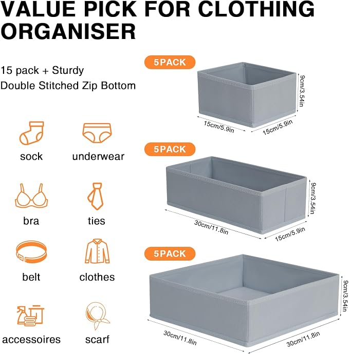 DIMJ Drawer Organizer Clothes, 15 Pack Underwear Organizer, Foldable Closet Bins, Sock Organizer Bra Cube, Fabric Dresser Box for Clothes, Bra, Socks, Tie (Grey) - Image 2