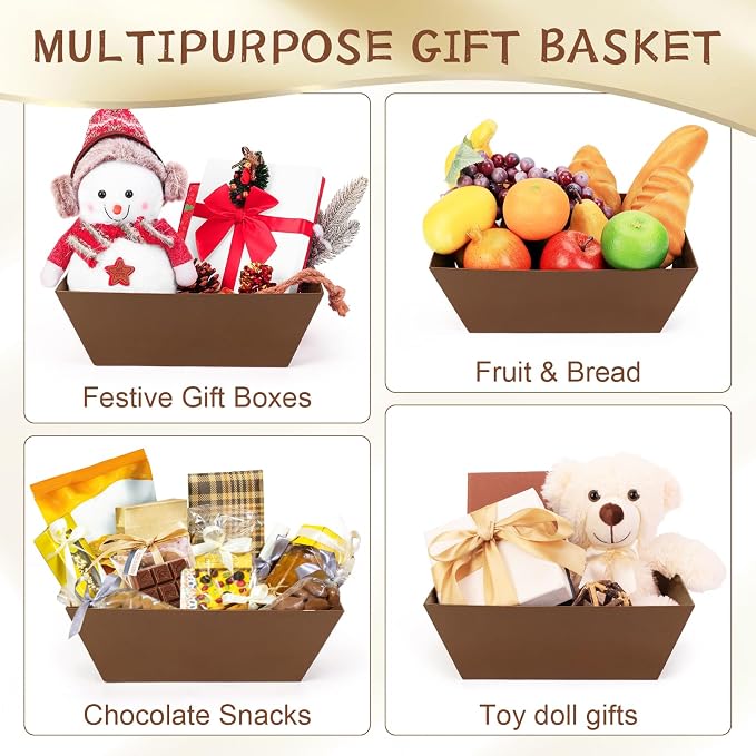 AFOROEOA 10PACK Baskets for Gifts Empty, 10x12”Thick Brown Gift Basket with Handles 10 Bows 10 Bags Empty Gift Baskets for Christmas Thanksgiving Wedding Birthday Party Wrapping Gift - Image 5