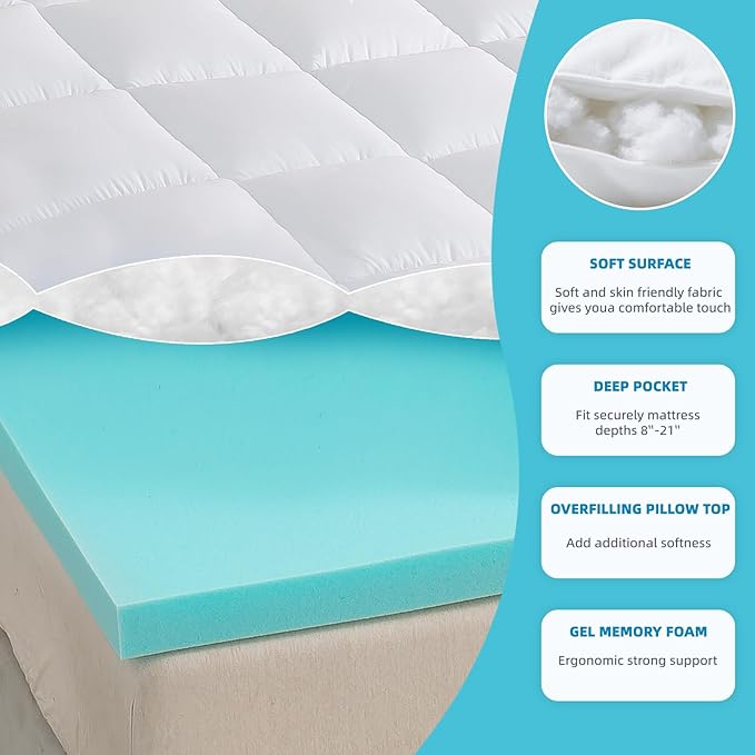 WhatsBedding Twin Size Dual Layer 4 Inch Memory Foam Mattress Topper,2 Inch Gel Memory Foam and 2 Inch Pillow Top Mattress Pad Cover2