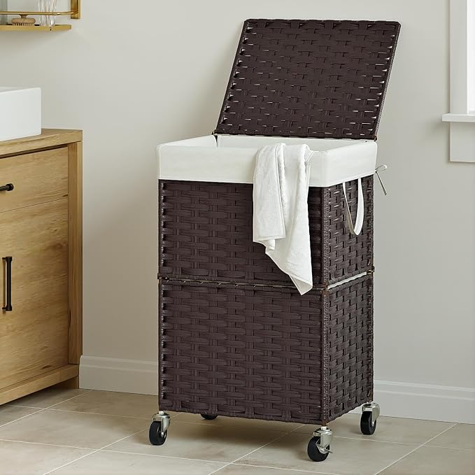 Chrislley 90L Slim Laundry Hamper with Wheels, Rolling Laundry Basket with Lid and Renovable Liner Bag, Handwoven Rattan Organizer for bedroom, bathroom, laundry room (Brown) - Image 2
