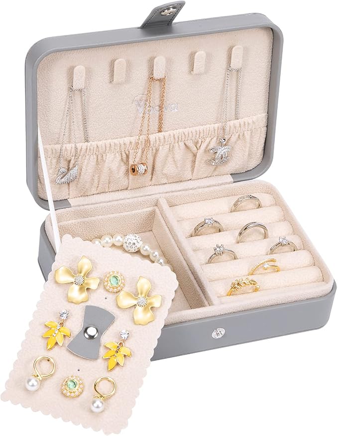 Voova Jewelry Box Organizer for Women Girls, 2 Layer Large Men Jewelry Storage Case, PU Leather Display Jewellery Holder with Removable Tray for Necklace Earrings Rings Bracelets (Grey, Small) by Voova