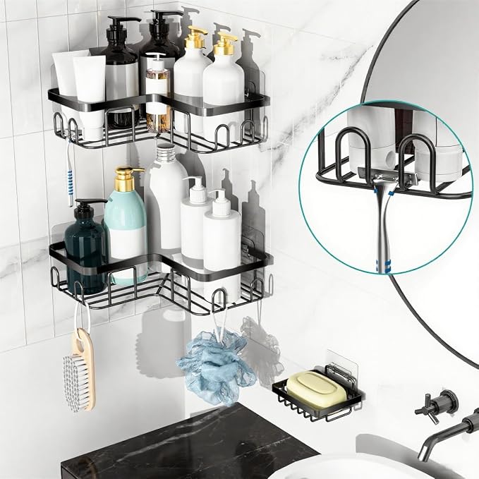 Moforoco Corner Shower Caddy Shelf Organizer Rack, Self Adhesive Black Bathroom Shelves Basket, Home Wall Shower Inside Organization and Storage Decor RV Accessories, First Apartment Essentials - Image 4