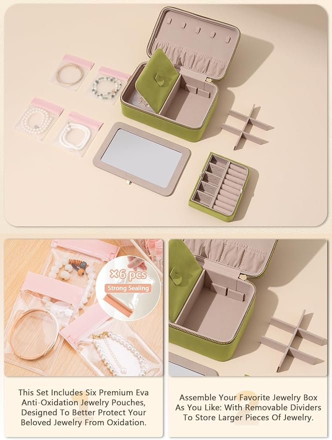 Velvet Travel Jewelry Box with Large Mirror, Double-Layer Jewelry Organizer Case for Women and Girls, Portable Storage Case with 6 Anti-Tarnish Bags Gift Ready for Her (Avocado Green) - Image 4