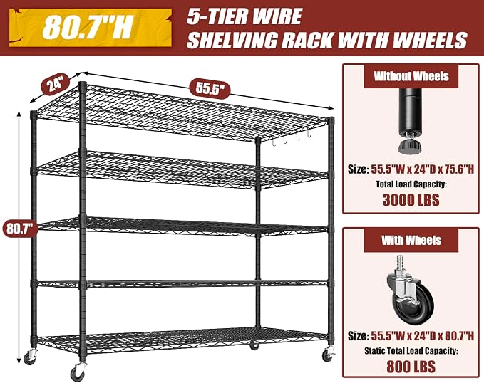 PrimeZone 5 Tier 80.7"H x 55.5"W x 24"D Wire Shelving with Wheels 3000lbs NSF Certified Storage Shelves Heavy Duty Metal Shelf Adjustable Rolling Rack Commercial Garage Restaurant Warehouse Kitchen - Image 3