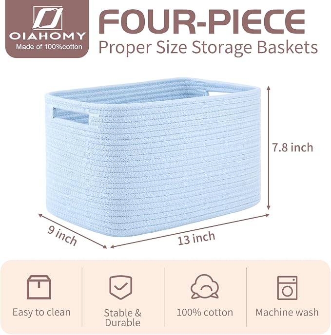 OIAHOMY 4 Pack Storage Baskets for Organizing, Cube Storage Bins for Shelves, Rectangle Storage Baskets With Handles, Woven Baskets for Storage, 12.7''Lx9''Wx7.8''H, Light Blue - Image 2