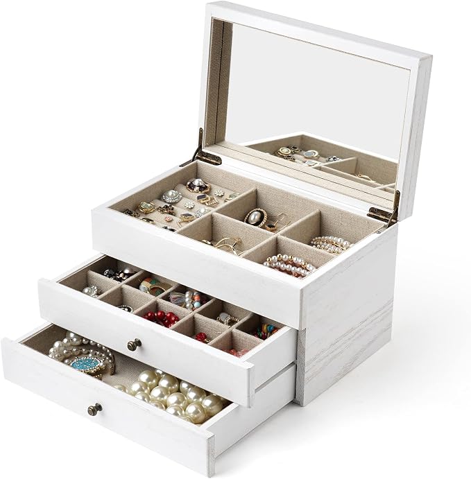 Meangood Jewelry Box Organizer for Women, 3 Layer Large Jewelry Storage Case, Rustic Wooden Jewelry Box with Mirror & Ring Tray for Necklace Earring Bracelets Rings, Vintage Style (White) - Image 7