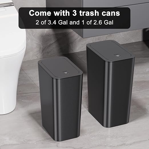 N. NETDOT Bathroom Trash Can with Lid 3 Pack Set, 2 Packs 4 Gal Slim Kitchen Trash Bin and 1 Pack 2.6Gal Garbage Can, Small Trash Can/Trash Bin/Waste Basket for Bedroom (Black, Pack of 3) - Image 7