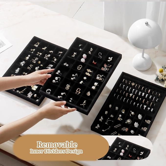 Large Velvet Jewelry Tray 2 Pack Stackable Jewelry Display Drawer Inserts Trays Organizer for Earring Bracelet Necklace Ring (Black, 24 Grids) - Image 3