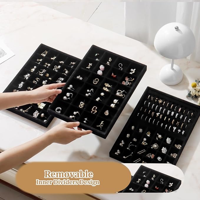 Large Velvet Jewelry Tray 2 Pack Stackable Jewelry Display Drawer Inserts Trays Organizer for Earring Bracelet Necklace Ring (Black, 12 Grids+24 Grids) - Image 6