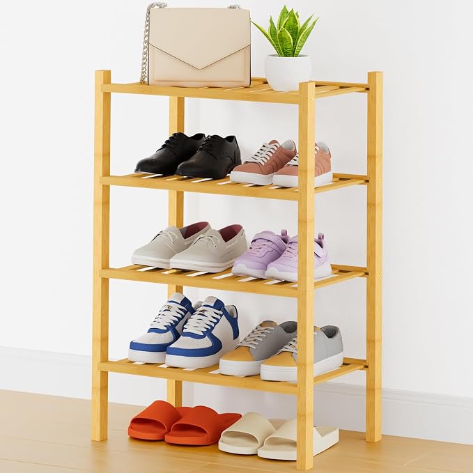 Smiry Shoe Rack, 4 Tier Thick Small Bamboo Shoe Organizer, Stackable Free Standing Wooden Shoe Storage Shelf for Closet, Entryway, Front Door Entrance, Natural by Smiry