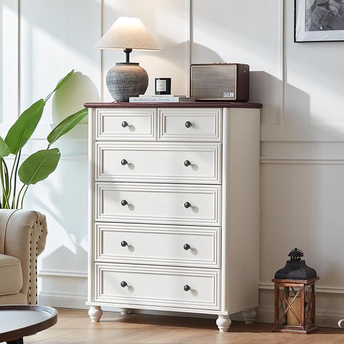 RWYHG Farmhouse 6 Drawer Dresser, Chest of Drawers for Bedroom, 43.5" Tall Wood White Kids Dresser with Roman Column and Metal Handles, Storage Dressers Organizer for Living Room, Hallway, Closet