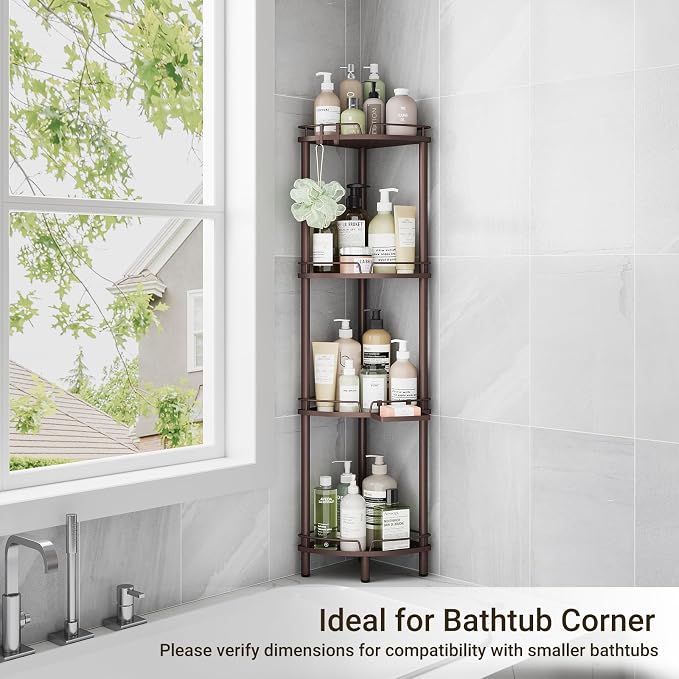 ELYKEN Corner Shower Caddy Standing, 4 Tier Rustproof Metal Shower Organizer with Soap Holder, Floor Shower Corner Shelf Rack Storage Stands with Adjustable Feet & 2 Hooks for Bathroom, Bronze - Image 8