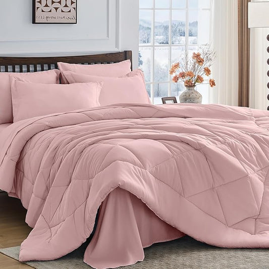 HEVUMYI Dusty Pink Twin Comforter Set - 5-Piece All Season Bed in a Bag Twin, Ultra Soft Bedding Set with Comforter, Flat Sheet, Fitted Sheet, Pillowcases, Pillow Shams