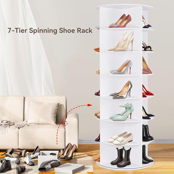 Rotating Shoe Rack Tower, 7 Tier 28 Pairs Large Shoe Storage Organizer, Space-Saving Free Standing Shoe Racks, 360° Revolving Round Shoe Rack for Closet Handbag Display, White - Image 4