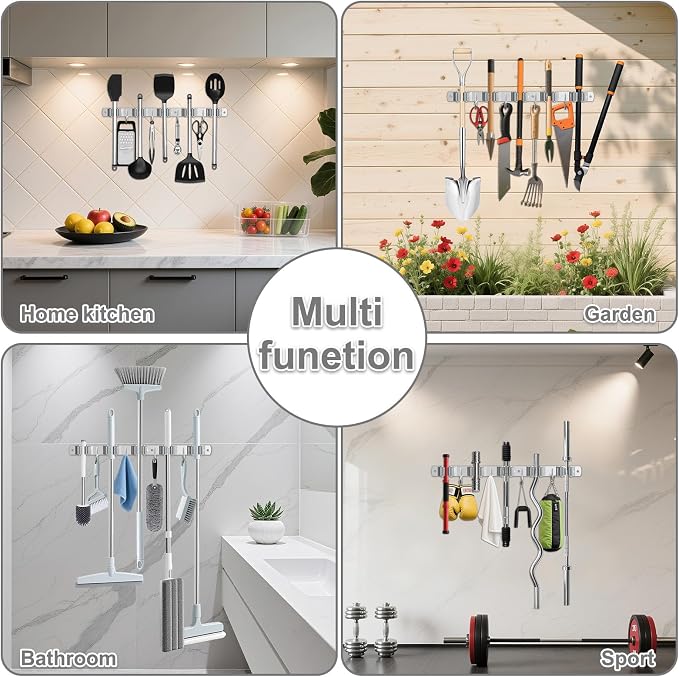 HANZENMA Broom Holder Wall Mount, Broom Organizer Wall Mount Stainless Steel Broom and Mop Hanger Heavy Duty Storage Organization for Home Kitchen Garden Garage Room 5 Racks 4 Hooks - Image 4