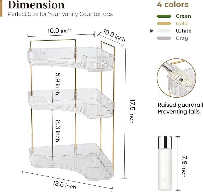 Aveniee Corner Bathroom Counter Organizer, Bathroom Countertop Shelf Makeup Storage, Clear Perfume Tray Holder (3 Tiers, White) - Image 3