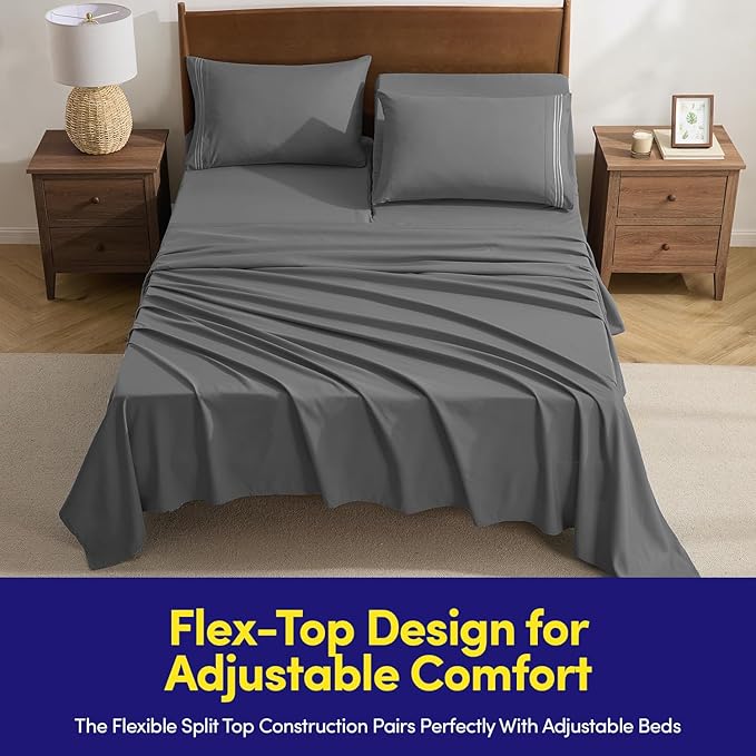 Split Head King Sheets Set for Adjustable Beds 4 Piece Flex Top Bed Sheets – Deep Pocket Split Top Fitted Sheet with Built-in Corner Straps, Luxury Soft Cooling Bedding, Wrinkle Resistant, Gray