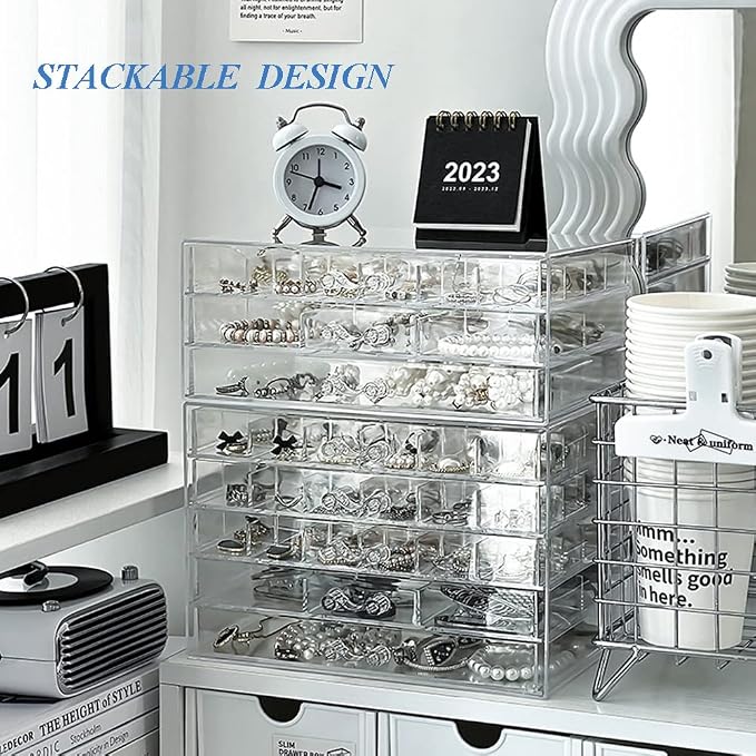 YUFONG Jewelry Boxes Earring Storage Box Organizer 5 Drawers Jewelry Organizer Acrylic Jewelry Storage Box Holder Compartment Transparent Display Storage Case Gift for Women Girls (84 Girds) - Image 4