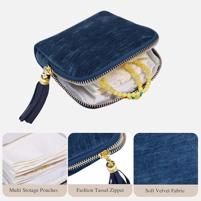 Stratalife Travel Jewelry Case Organizer for Women Wedding Gift Portable Jewelry Box with Small Pouches for Healing Crystal Bracelets, Necklace Bangles Storage Ring Holder, Blue Tassel - Image 2