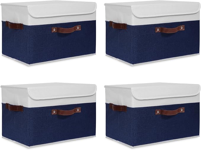 ANMINY 4PCS Storage Boxes with Lid Washable Decorative Storage Bin Basket with PU Leather Handle Foldable Linen Fabric Storage Cube Container for Home Closet Organizer - Deep Blue White, Large Size by ANMINY