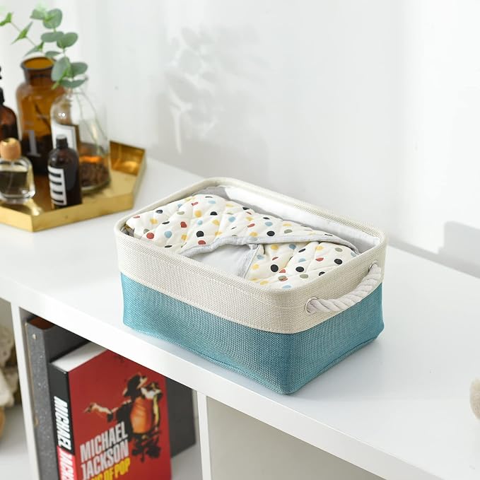 TheWarmHome Fabric Storage Bin with Handles,Storage Basket for Home Storage and Organization, Shelf Basket with Cover for Living Room Bedroom Decor Closet（White & Green,Small ,11.8L×7.9W×5.2H - Image 3