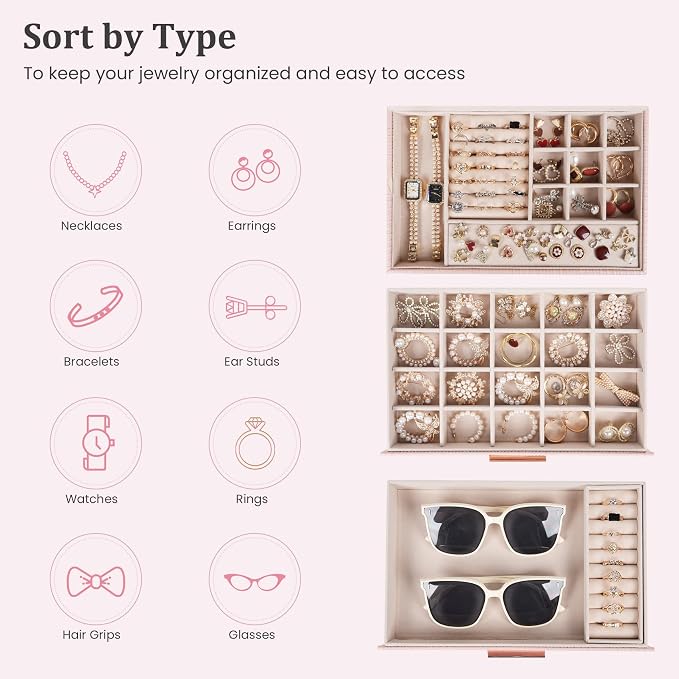 Dajasan Jewelry Box Organizer, 3-Tier Jewelry Storage Organizer with 2 Drawers, Large Jewelry Box for Girls Women, PU Leather Surface with Texture, Gift Idea, Modern Style (Pink) - Image 3