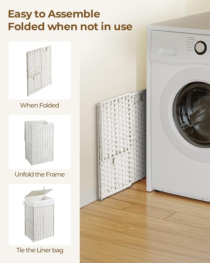 Greenstell Laundry Hamper with Lid, 60L Clothes Hamper with 2 Removable Liner Bags & 2 Mesh Bags, Handwoven Synthetic Rattan Basket, Toys in Bathroom, Bedroom White - Image 7