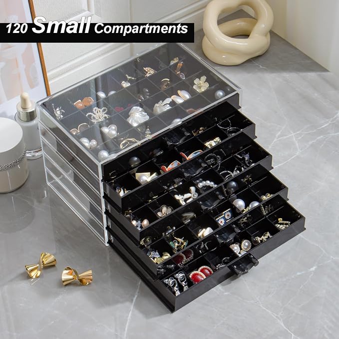 YUFONG Earring Storage Box Organizer, Acrylic Jewelry Storage Box Holder 5 Drawers Transparent Jewelry Display Stand with 120 Small Compartments Gift Boxes for Women Girls (Black) - Image 2