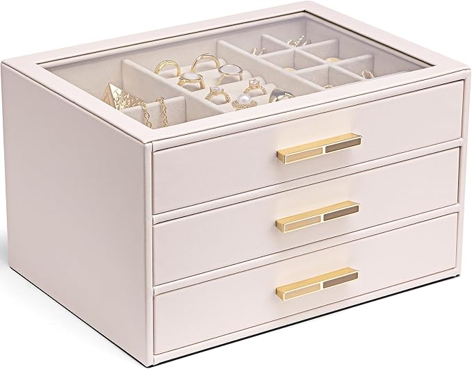 Vlando Jewelry Box for Women, Glass Lid Jewelry Organizer with 3 Drawers for Necklaces Rings Earrings Bracelets - Light Pink by VLANDO