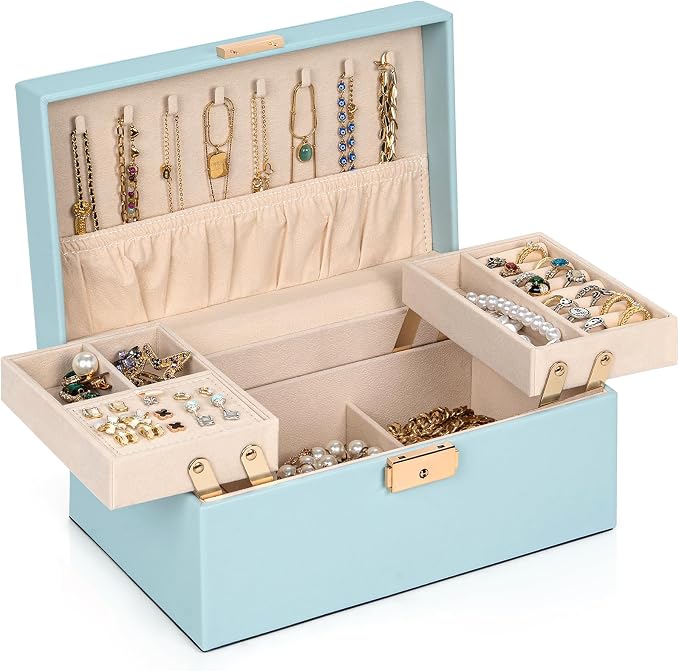 AKOZLIN Travel Jewelry Box Organizer Functional 2-trays Leather Jewelry Storage Case with Lockable Portable for Women Girls Ring Necklace Earring Bracelet by AKOZLIN