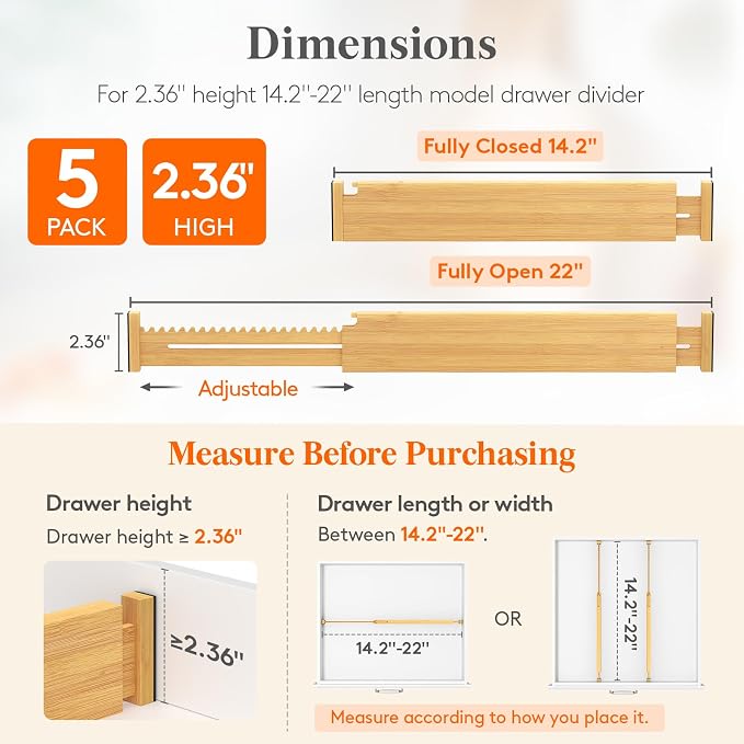 Lifewit 2.36" High 5 Pack Bamboo Drawer Dividers, 14.2-22" Expandable Kitchen Drawer Dividers, Adjustable Drawer Dividers for Clothes, Drawer Separators for Dresser, Kitchen, Bedroom, Bathroom - Image 2