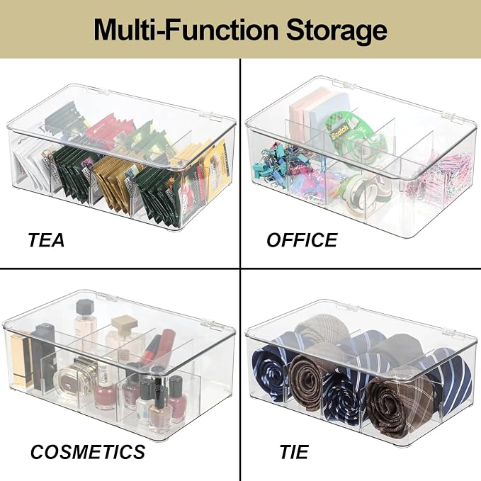 ZEXALOR Clear Tea Bag Organizer, Dresser Organizers Drawer Organzier Storage Container with Removable Dividers, Plastic Storage Bin with Lid, Organizer for Scarves Ties Bras - Image 3