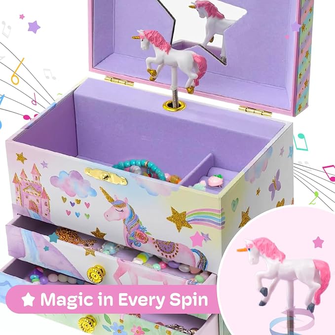 Jewelkeeper Enchanting Unicorn Musical Jewelry Box for Girls - Sparkling Rainbow Design Music Box with 2 Pullout Drawers to Store Earrings, Necklace and Bracelets - Plays The Beautiful Dreamer Tune - Image 6