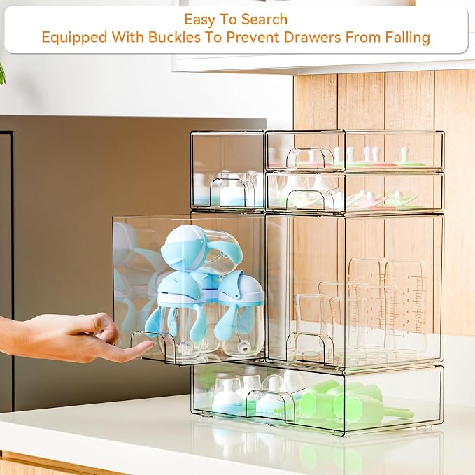 Yieach 6 Set Clear Baby Bottle Organizer for Countertop,BPA FREE Bottle Station Organizer for Breast Pump Parts,Pacifier and Baby Accessories,Stackable Drawers for Bathroom,Cabinet,Pantry Organization - Image 5