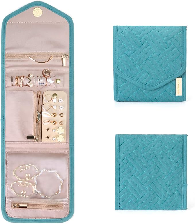 BAGSMART Travel Jewelry Organizer Case Foldable Jewelry Roll for Journey Rings, Necklaces, Earrings, Bracelets,Mini,Teal by BAGSMART