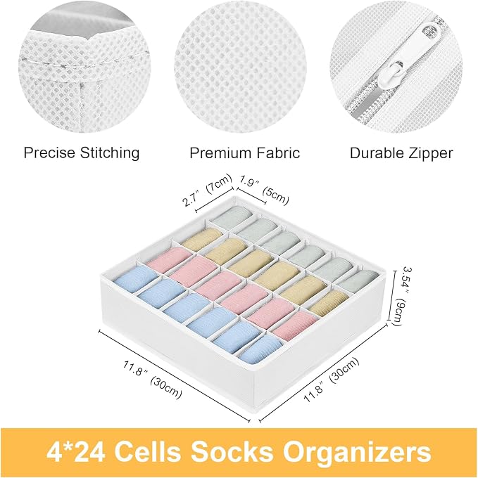 Joyoldelf Sock Drawer Organizer Divider Underwear Organizer 24-cell Fabric Dresser Drawer Organizers Storage Boxes for Socks Lingerie, Handkerchiefs, Ties 4 Pack (White) - Image 2